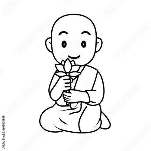monk holding lotus flower, black and white clip art preview