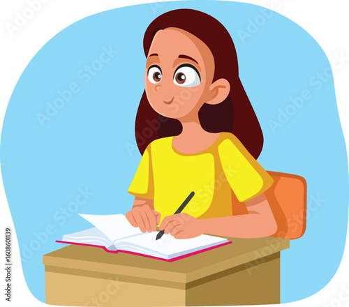 Happy Student Teen Girl Writing Vector Cartoon Illustration. Cheerful schoolgirl learning in class be8ing concentrated 
