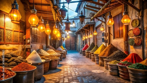 Fototapeta Naklejka Na Ścianę i Meble -  Lanterns illuminate a vibrant spice market in morocco