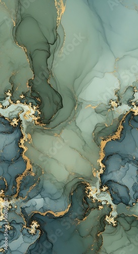 Elegant Abstract Marble Texture with Gold Veins in Serene Green and Blue Tones