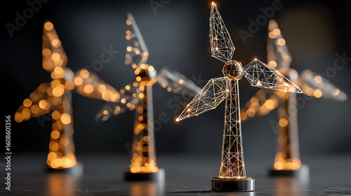Illuminated wind turbine models showcase renewable energy concept with wireframe design and bokeh effect