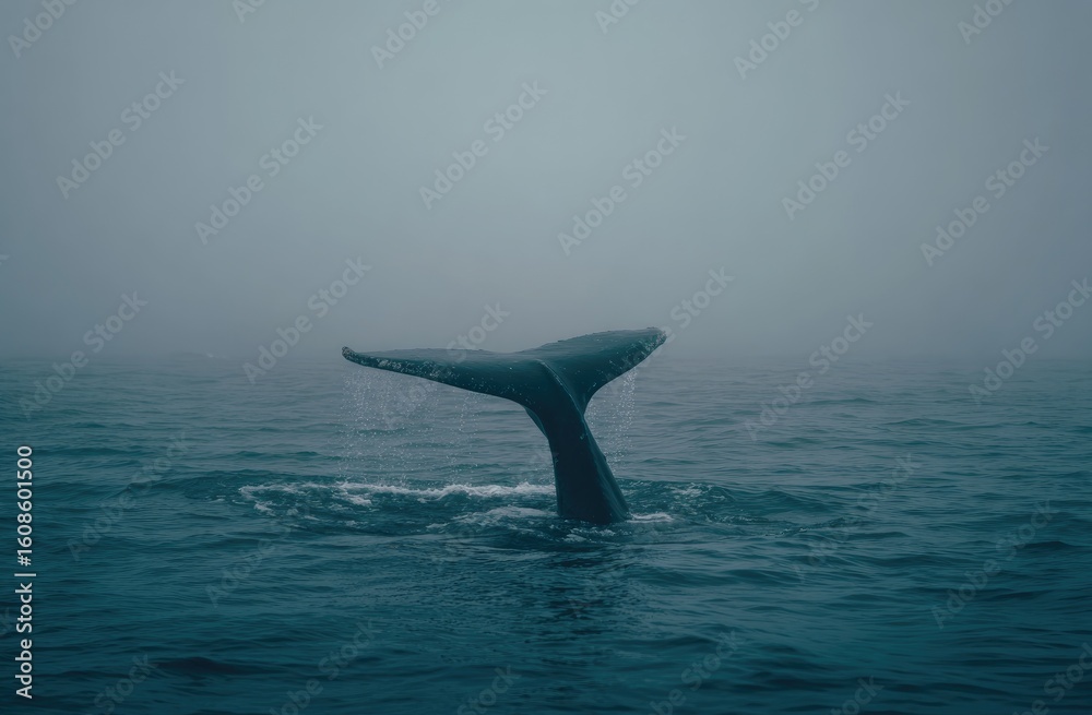 Fototapeta premium Whale tail emerging from foggy sea