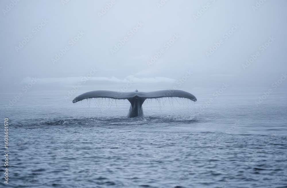 Obraz premium Whale tail emerging from misty ocean