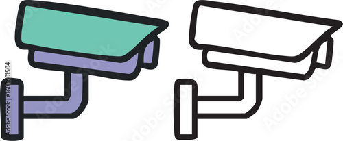 A pair of illustrated security cameras, one in color and the other a simple black outline, representing surveillance.