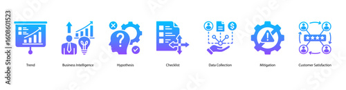 Analytical Thinking web banner icon vector illustration featuring Trend, Business Intelligence, Hypothesis, Checklist, Data Collection, Mitigation, and Customer Satisfaction.