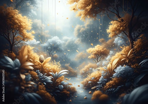 Enchanted Stream: A Mystical Autumnal Landscape of Serene Waterway and Foliage