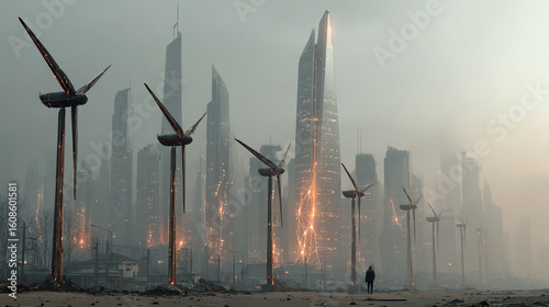 Wind turbines stand before a futuristic city skyline shrouded in a misty and hazy atmosphere