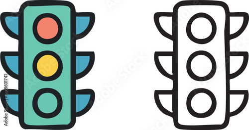 A simple cartoon illustration of a traffic light shown in both full color and as a black outline.