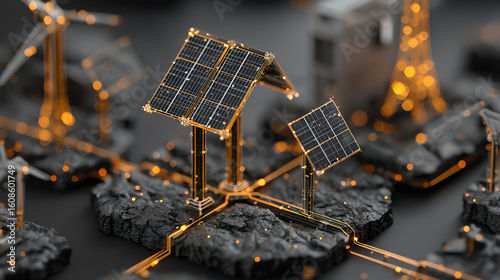 Close up of miniature solar panels and wind turbines with glowing connections on rocky terrain
