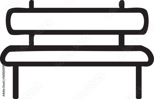 A simple black outline icon of a park bench with a backrest and seat.