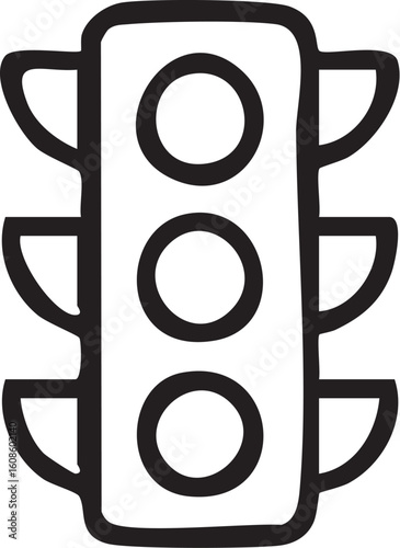A hand-drawn black and white illustration of a vertical traffic light with three unlit signals and visors.