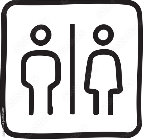 A simple, hand-drawn black and white icon showing male and female figures for a public restroom.