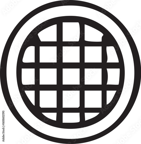 A bold, black and white graphic icon depicting a round drain cover or sewer grate with a grid.