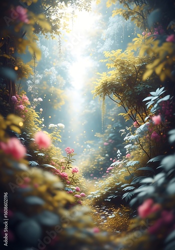 Enchanting Forest Path with Blooming Flowers and Ethereal Light Splendor landscape
