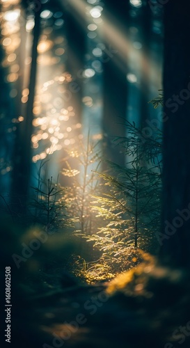 Sunlight filtering through a dense forest creating a serene and enchanting atmosphere