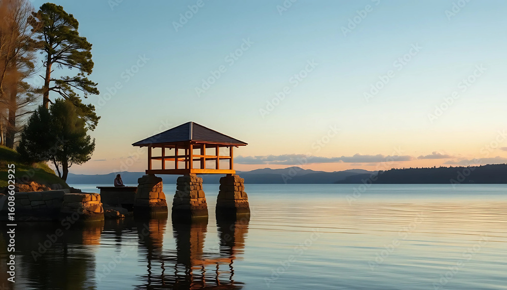Fototapeta premium A boxy timber shelter hovering just above the water on stone piers, with reflections flickering across its base. 