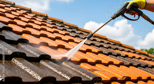Expert pressure washing to repair roof tiles, demonstrating effective cleaning and home maintenance for residential property restoration.
