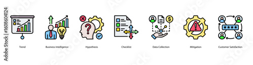 Analytical Thinking web banner icon vector illustration featuring Trend, Business Intelligence, Hypothesis, Checklist, Data Collection, Mitigation, and Customer Satisfaction.
