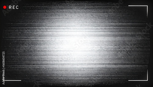 Retro CCTV or VHS video white noise background texture with red recording indicator.