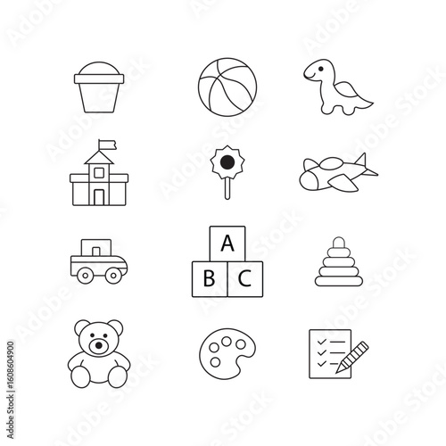 black and white vector icons of children's toys and activities including teddy bear, stacking rings, castle, paint palette and more on white background.
