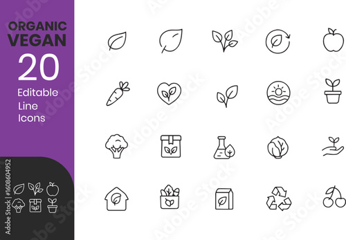 Organic Vegan Editable vector line Icons set	