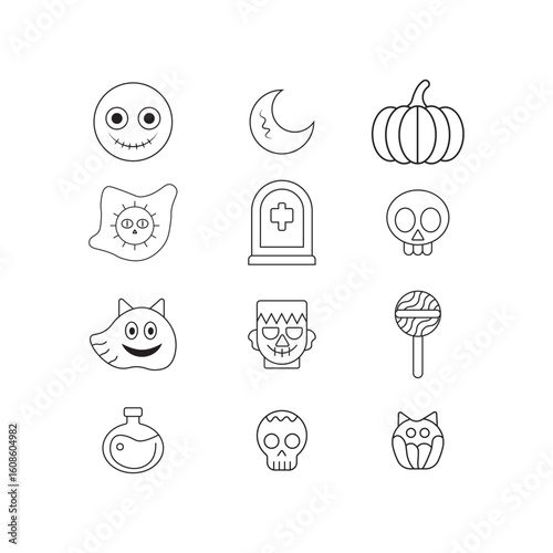 black and white Halloween icon set featuring pumpkins, skulls, tombstones, ghosts, and festive elements for spooky designs on white background