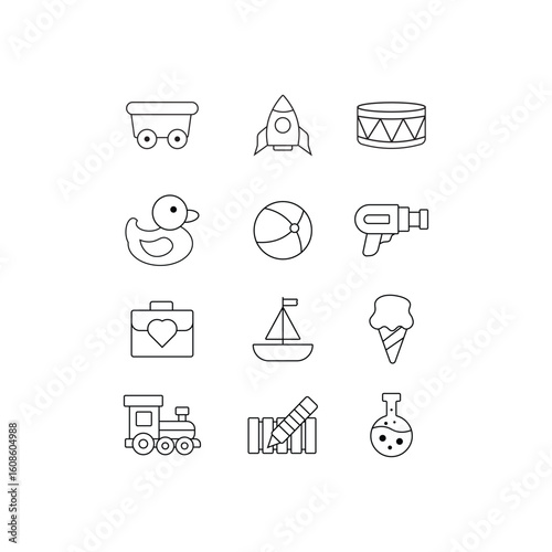 minimalist black and white toy icons set featuring rocket, duck, train, boat, gun, drum, ball, ice cream and more on white background