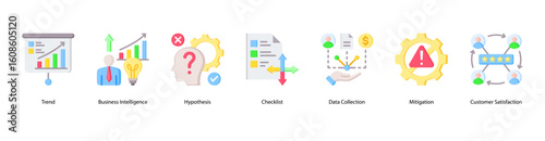 Analytical Thinking web banner icon vector illustration featuring Trend, Business Intelligence, Hypothesis, Checklist, Data Collection, Mitigation, and Customer Satisfaction.