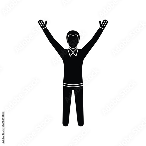 A black silhouette of a man with arms raised in victory pose