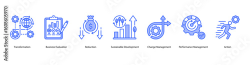 Organizational Transformation web banner icon vector illustration with Transformation, Business Evaluation, Reduction, Sustainable Development, Change Management, Performance Management, and Action.