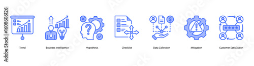 Analytical Thinking web banner icon vector illustration featuring Trend, Business Intelligence, Hypothesis, Checklist, Data Collection, Mitigation, and Customer Satisfaction.