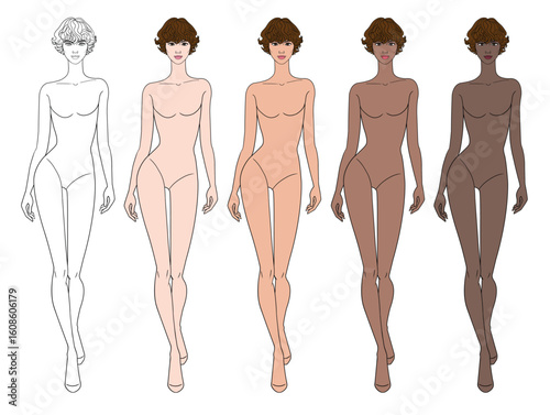 Colored skin tones fashion croquis figurines walking with bouncy curls short hair woman in vector.