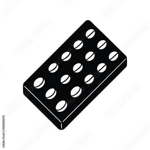 Isometric view of a full blister pack of pills in black and white