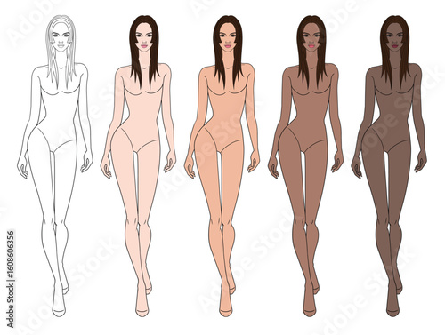 Colored skin tones fashion croquis figurines walking with long hair woman in vector.
