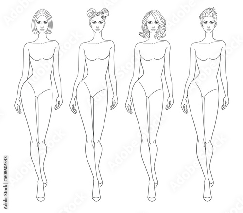Fashion outline sketch croquis figurines female body walking with different hairs in vector.