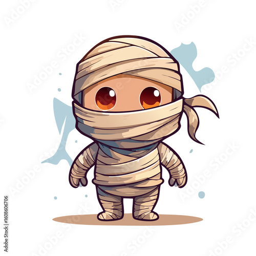Adorable cartoon mummy character wrapped in bandages. A spooky yet cute monster illustration for Halloween celebrations.