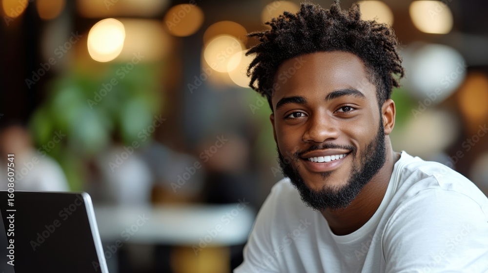 Fototapeta premium A smiling young man in a casual setting, engaging with technology and enjoying social interaction.