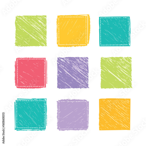 Vibrant hand-drawn square frames in cheerful colors perfect for creative projects and design elements