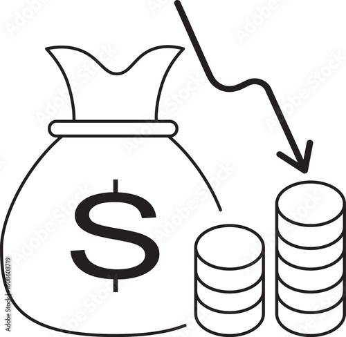 Icon of a Money Bag with Dollar Sign, Stacks of Coins, and a Downturn Arrow, Symbolizing Financial Loss, Economic Decline, and Investment Risk