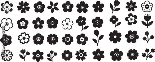 Collection of simple black and white floral illustrations and botanical elements