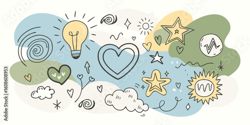 Hand Drawn Doodle Elements with Lightbulb Hearts Stars Sun and Clouds on Abstract Background for Creative Design