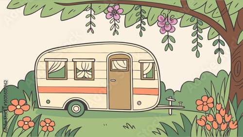 Vintage camping trailer in nature with flowers and tree for outdoor adventure seeker travel and vacation