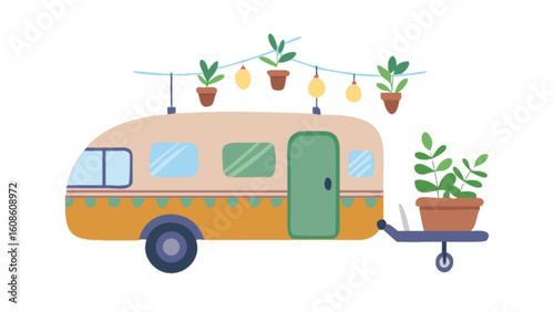 Cute camping trailer with plants and lights vector illustration for travel and outdoor adventure enthusiasts