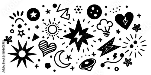 Hand Drawn Doodle Elements Black and White Vector Illustration with Stars Hearts Lightning Bolts Sun Moon and Abstract Shapes