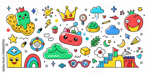 Colorful Doodle Illustration with Cute Cartoon Characters and Objects for Kids Creative Designs and Playful Backgrounds on White