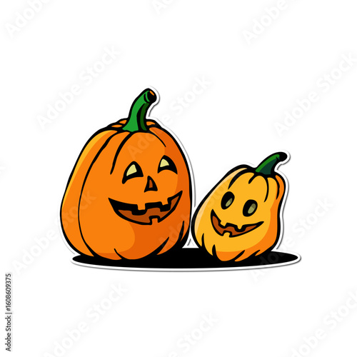 A joyful and friendly duo of pumpkins, one big and one small, smiling cheerfully in a bright, welcoming cartoon style, perfect for a non-scary Halloween vibe.