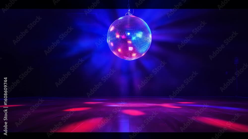 Glowing Disco Ball with Colorful Light Reflections on Dark Stage Floor