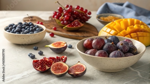 Fresh and delicious fruit assortment blueberries figs mango pomegranate healthy eating food photography