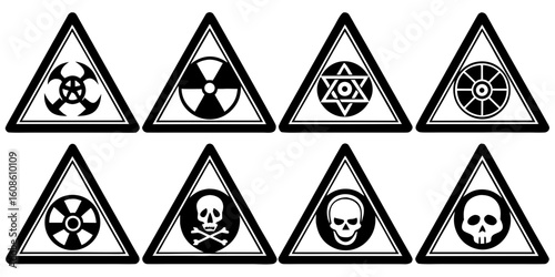 Collection of Warning Signs in Black and White with Triangle Border for Biohazard Radiation and Poisonous Substances in a Row