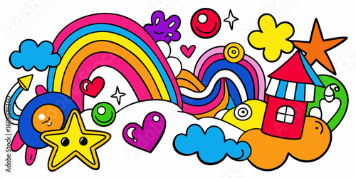 Colorful Cartoon Doodle Illustration with Rainbows Stars Hearts Clouds and a Whimsical House for Children s Designs